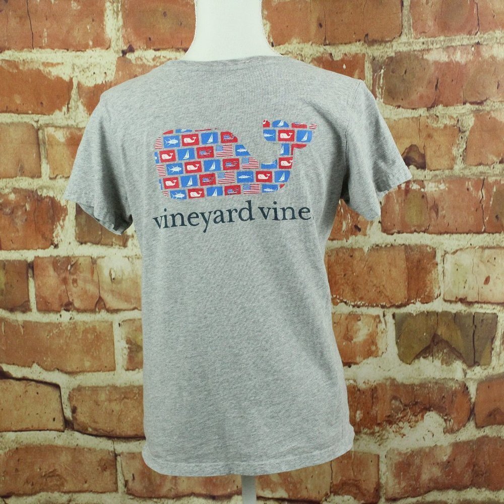 VINEYARD VINES Short-Sleeve Pocket Tee Womens S Gray American Flag Whale July 4